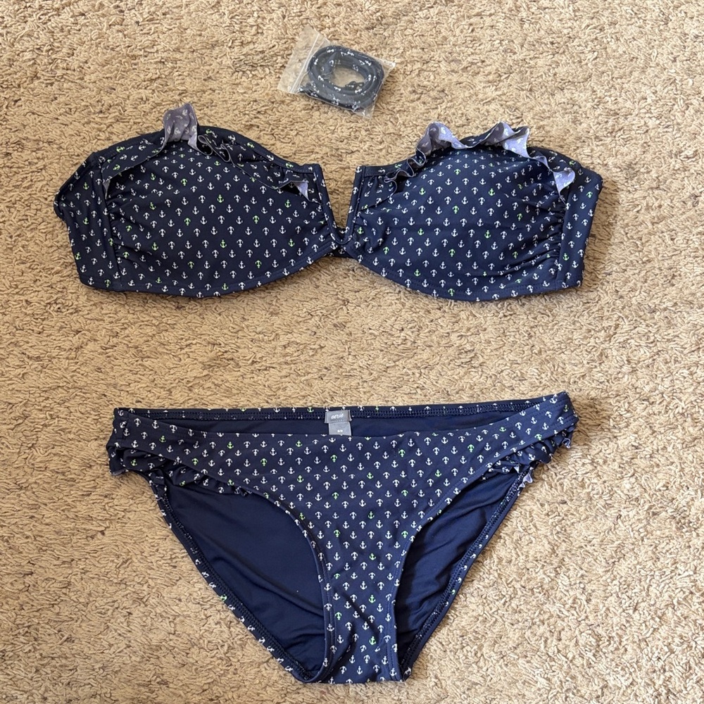 Aerie Navy Bikini Set with White & Lime Anchor Print New without Tags